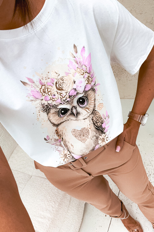 Tshirt OWL in flowers nude and powder