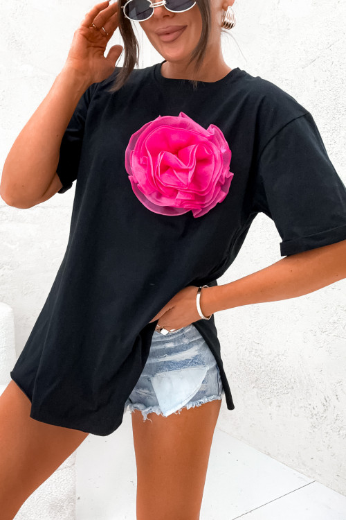 Tshirt BASIC Z ROZCIĘCIEM i odpinaną różą BLACK