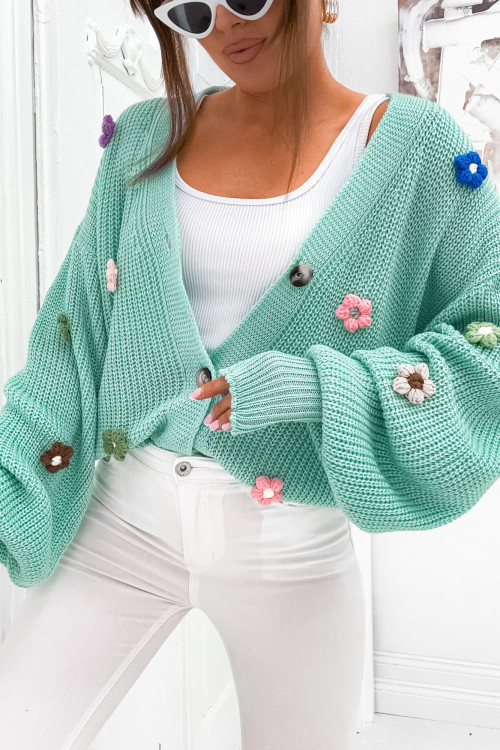 Sweter FLOWERS SPRING colorful kardigan MINT