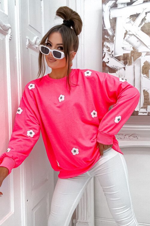 Bluza bawełniana BASIC FLOWERS SPRING fluo pink