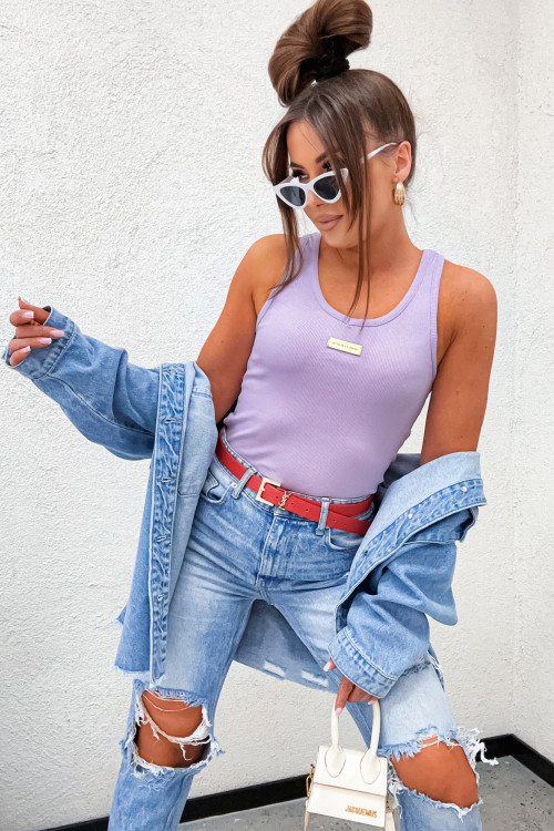 Klasyczny top BASIC złota naszywka prążek LILAC