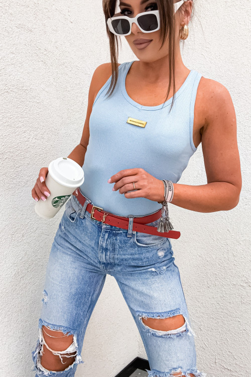 Klasyczny top BASIC złota naszywka prążek BABY BLUE