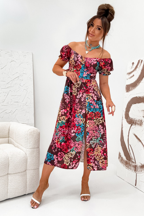 Sukienka MONNA SUMMER z rozcięciem BROWN PRINT