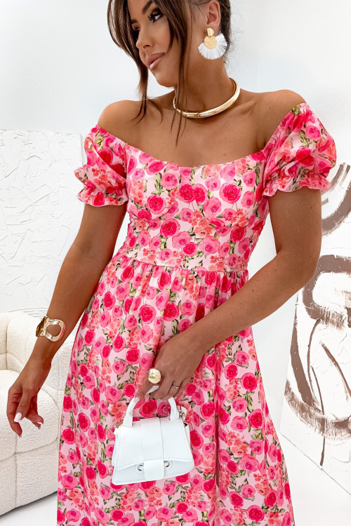 Sukienka MONNA SUMMER z rozcięciem KORAL FLOWERS